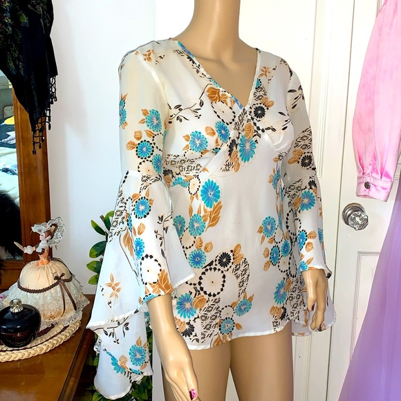 Vintage 90's bell sleeve blouse tunic top S M - Picture 6 of 11